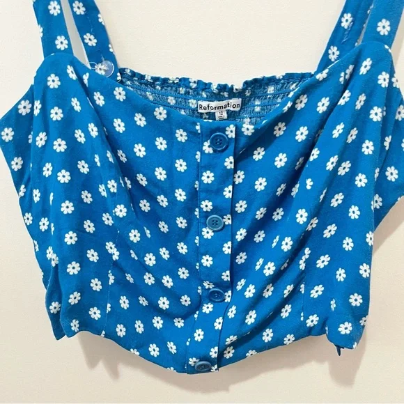 Reformation River Floral Two Piece Crop Top Pant Set Blue White Size 12